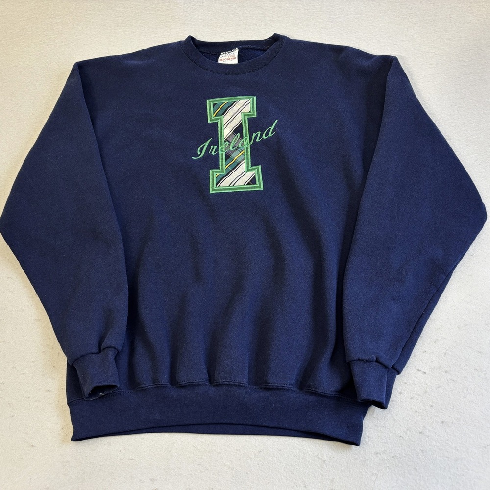 Vtg Santee Ireland Sweatshirt Mens XL Navy Blue Embroidered Plaid Heavyweight